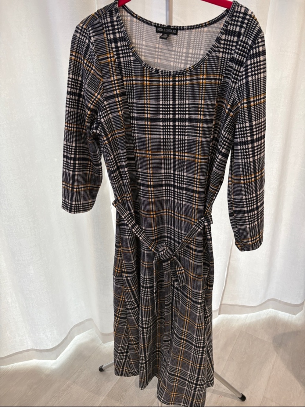 Nina Leonard dark Navy Plaid Midi Dress with Mustard Windowpane